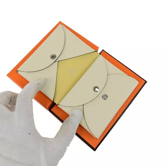 HERMES Logo Calvi Duo Card Holder Coin Case Epsom Leather White Yellow 50RK842 - Picture 12 of 12